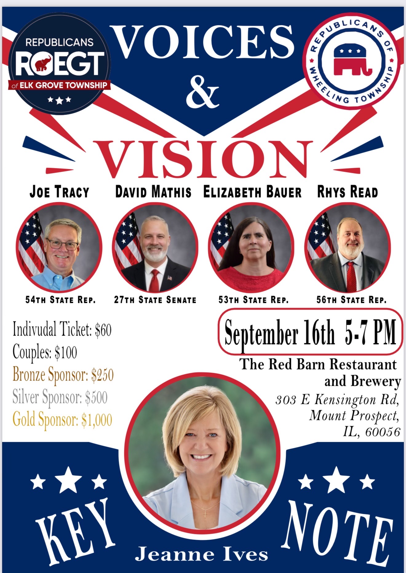 Voices & Vision event flyer — September 16, 5-7 PM at The Red Barn Restaurant and Brewery, Mount Prospect. Keynote Jeanne Ives. Candidates Joe Tracy, David Mathis, Elizabeth Bauer, Rhys Read.