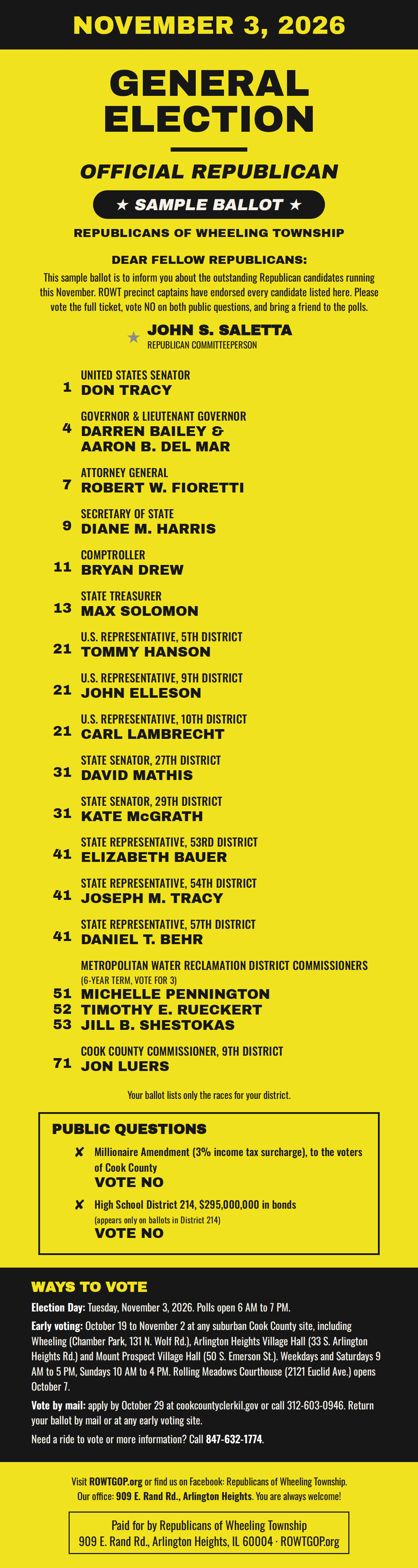 Official Republican sample ballot for Wheeling Township, November 3, 2026: Don Tracy for U.S. Senate (1); Darren Bailey and Aaron B. Del Mar for Governor and Lieutenant Governor (4); Robert W. Fioretti for Attorney General (7); Diane M. Harris for Secretary of State (9); Bryan Drew for Comptroller (11); Max Solomon for Treasurer (13); Tommy Hanson, John Elleson and Carl Lambrecht for U.S. Representative, 5th, 9th and 10th Districts (21); David Mathis and Kate McGrath for State Senator, 27th and 29th Districts (31); Elizabeth Bauer, Joseph M. Tracy and Daniel T. Behr for State Representative, 53rd, 54th and 57th Districts (41); Michelle Pennington, Timothy E. Rueckert and Jill B. Shestokas for Metropolitan Water Reclamation District (51, 52, 53); Jon Luers for Cook County Commissioner, 9th District (71). Vote NO on the Millionaire Amendment and the District 214 bond question. Early voting October 19 to November 2; vote by mail applications due October 29.